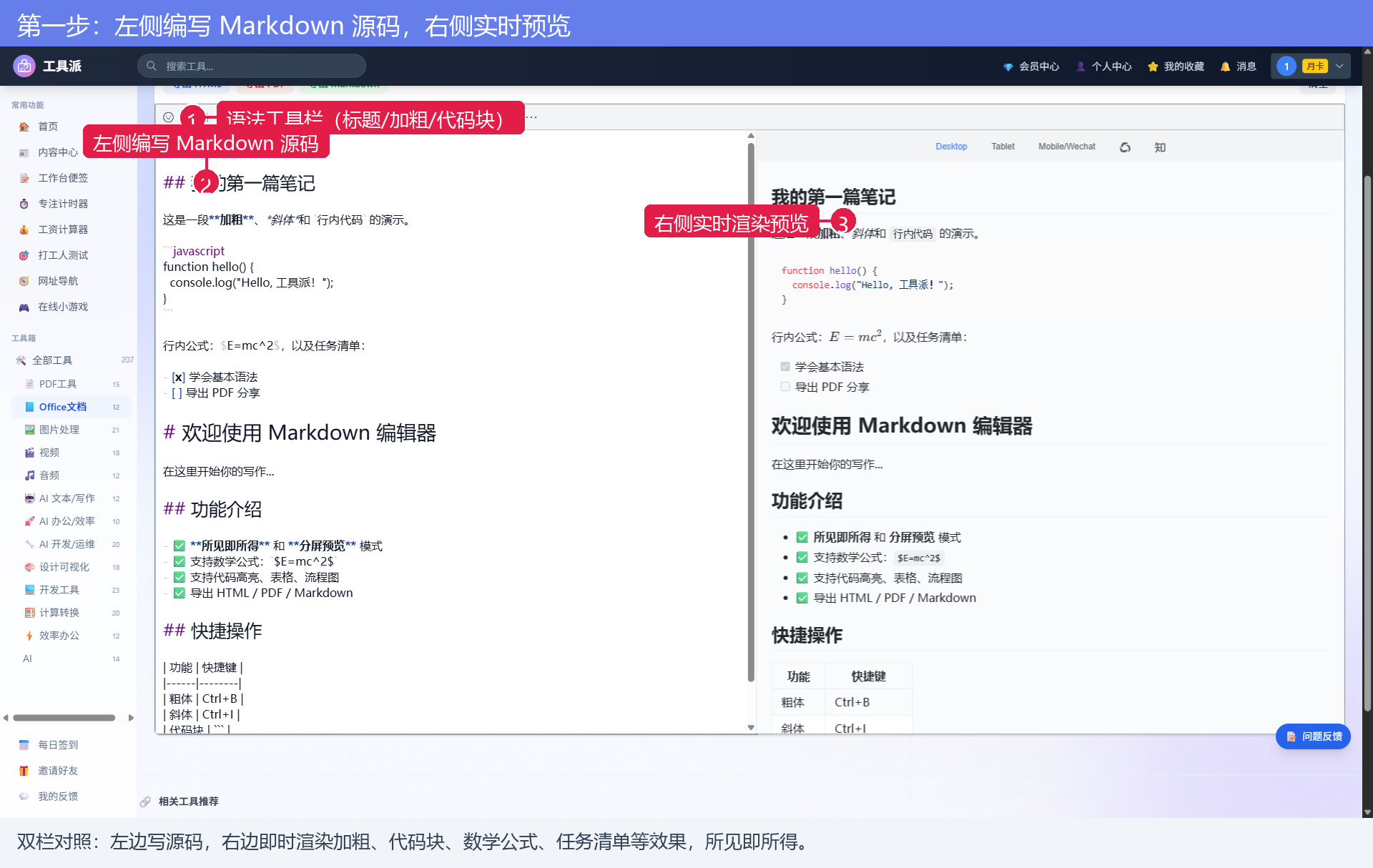 图1：Markdown编辑器双栏界面，左侧写源码右侧实时预览