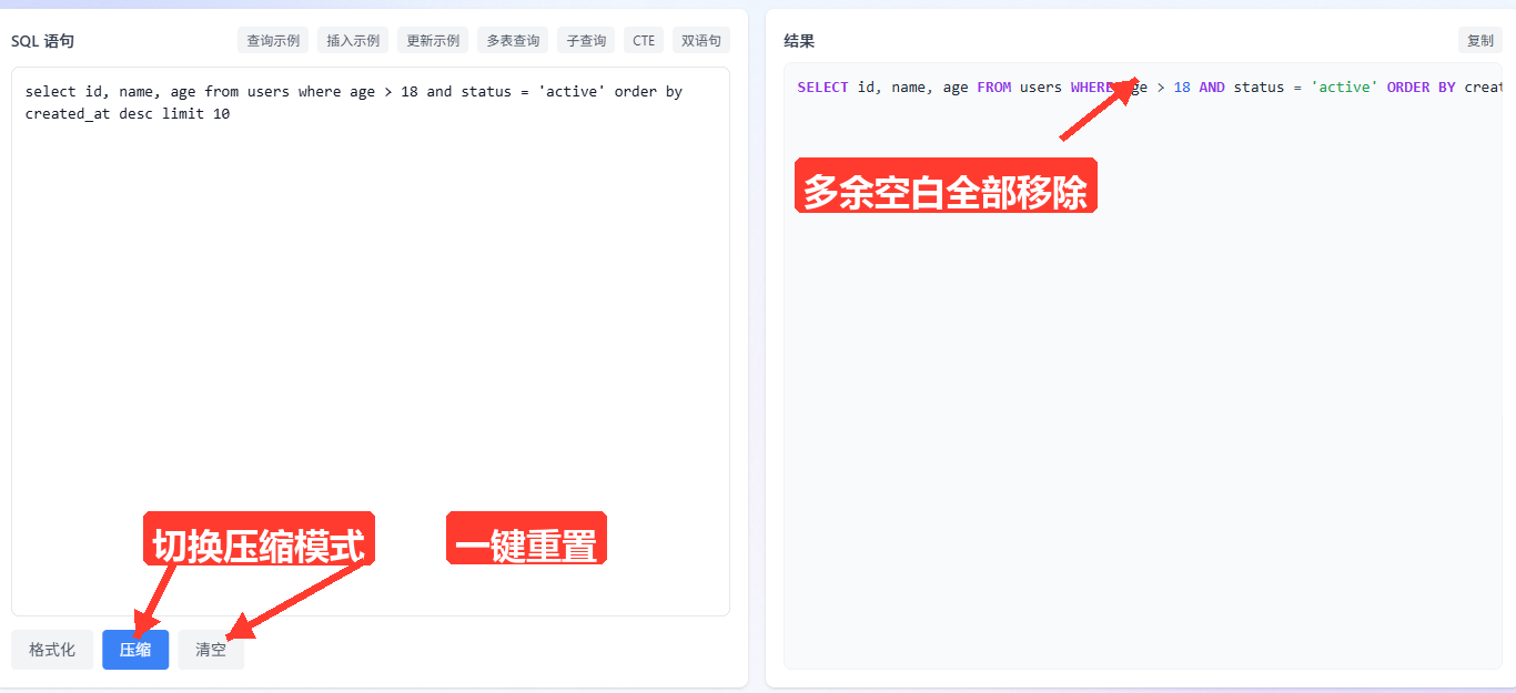 点击『压缩』按钮后的界面状态：格式化按钮变灰、压缩按钮高亮为蓝色，右侧结果区显示压成单行的SQL，与之前的多行排版形成对