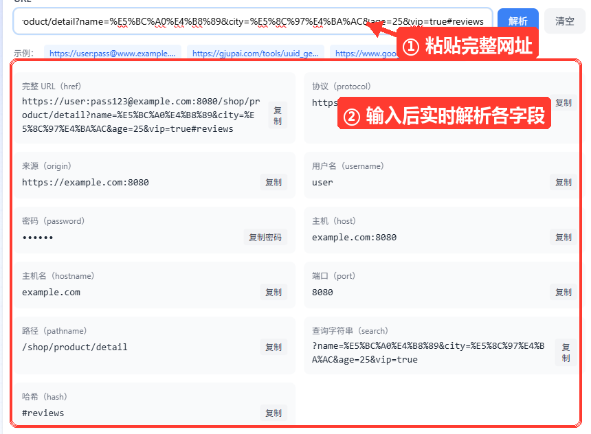 URL 解析器主界面：输入框中已粘贴一条带认证信息和查询参数的完整 URL，下方展示出协议、来源、主机、端口、路径等各字