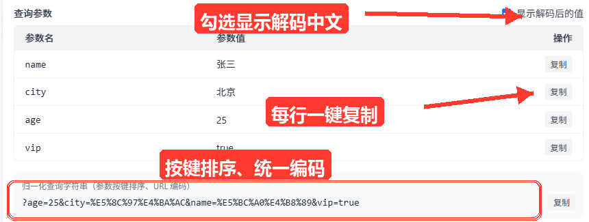 查询参数表格区域：列出参数名/参数值/操作三列，右上角有'显示解码后的值'勾选框，以及密码字段的打码显示与'复制密码'按