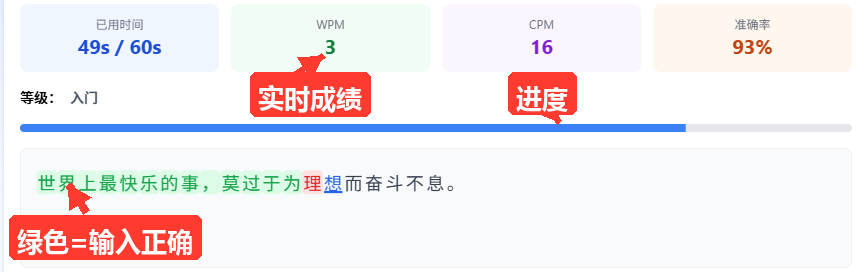 测试进行中的状态：指标卡片显示已用时间/WPM/CPM/准确率实时数值，练习文本区部分字符绿色（正确）部分红色（错误），