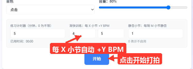 音色下拉框、音量滑块，以及灰色训练面板中的练习计时器、渐快训练（每 X 小节 +Y BPM）、静音小节三个输入项，底部为