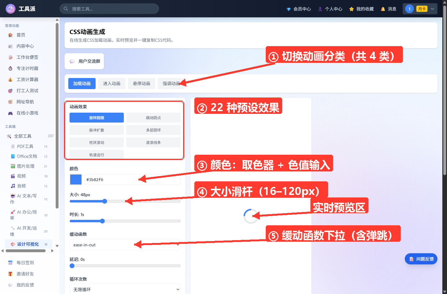 CSS 动画生成器主界面：顶部为加载动画、进入动画、悬停动画、强调动画四个分类标签，左侧为动画效果预设网格与颜色、大小、