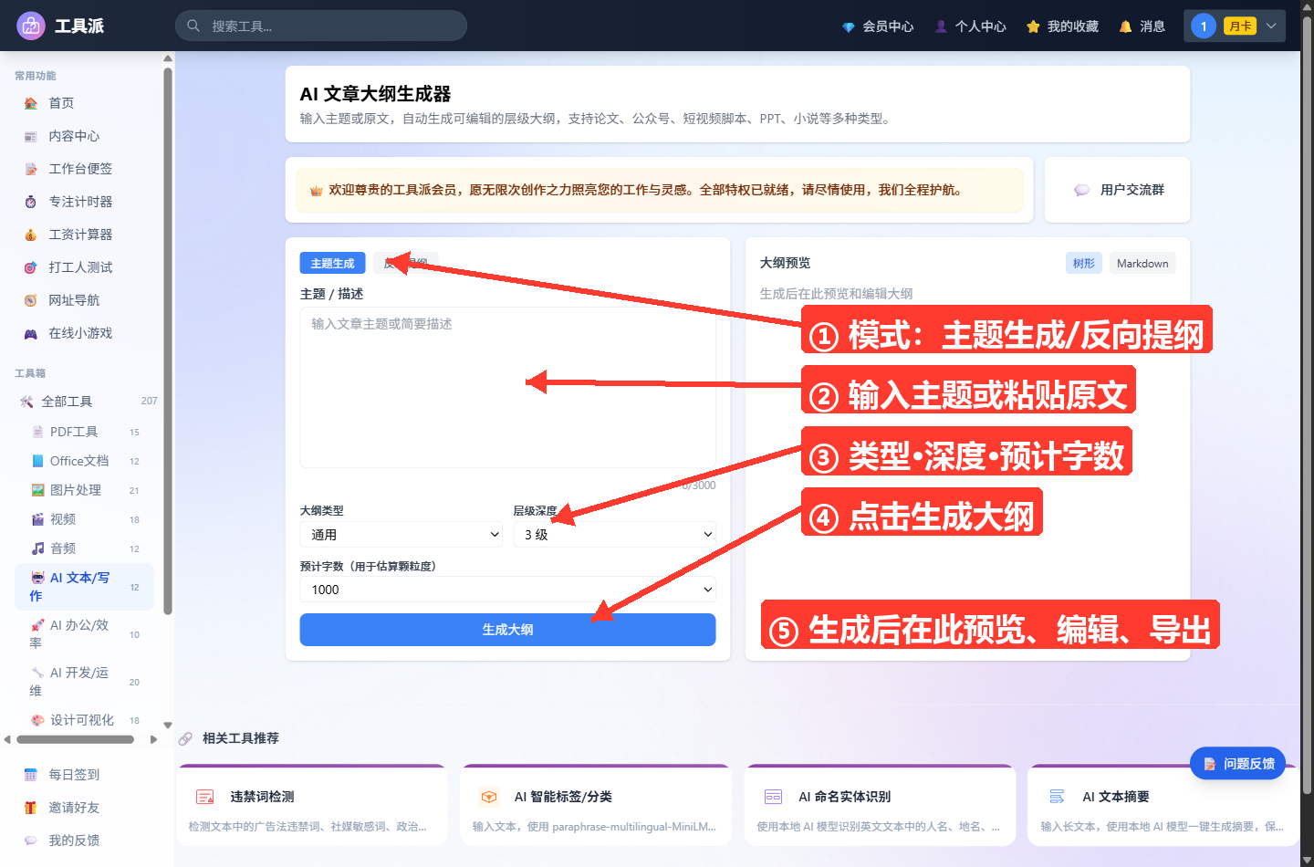 AI 文章大纲生成器主界面：左侧为输入与参数区，含「主题生成/反向提纲」模式切换、主题/描述文本框（3000 字计数）、