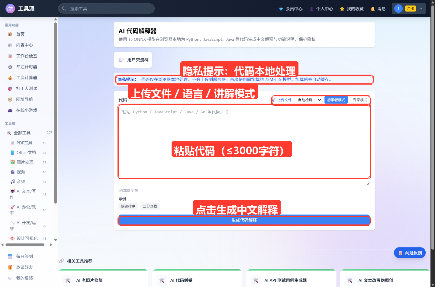 AI 代码解释器主界面：顶部为工具标题与简介卡片，其下是蓝色提示条（说明内容由云端 AI 大模型生成、文本将上传至服务器处理）