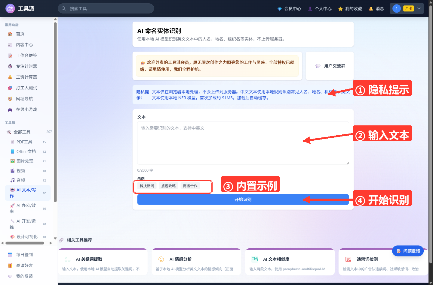 AI 命名实体识别主界面：顶部为工具标题与简介、会员提示横幅和蓝色提示条（说明内容由云端 AI 大模型生成、文本将上传至服务器处理）；中部白色卡片内为支持中英文的文本输入框（右