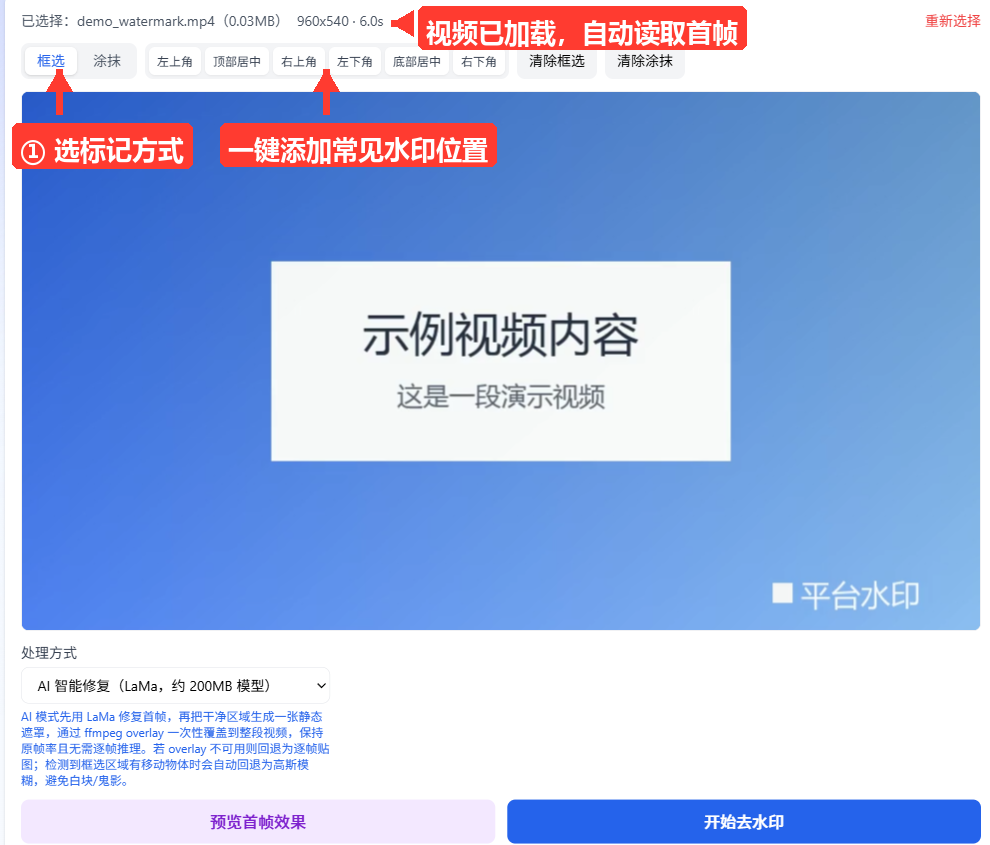 视频上传成功后的界面:显示已选文件名、大小、分辨率和时长,下方是首帧画布,上方有「框选/涂抹」模式切换、六个角落预设位置